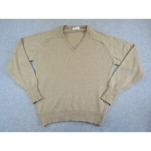 Thane Cashmere Sweater Mens Medium Tan Camel V Neck Pullover Knit Shirt Vintage